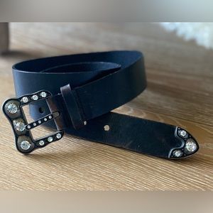 Vintage 90s Western Distressed leather Rhinestone Statement Buckle Belt